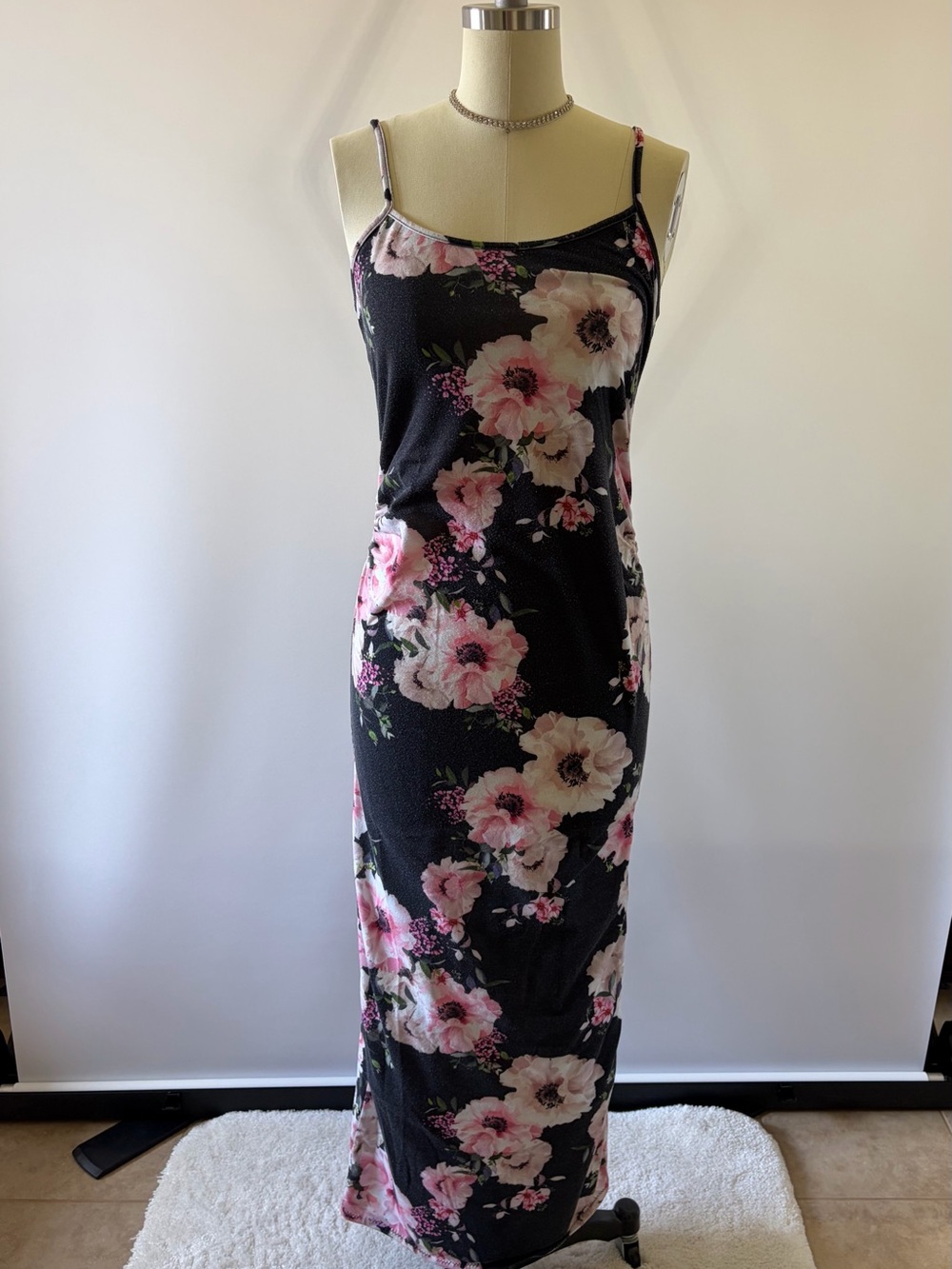 Boohoo Black Maxi Dress with Pink Floral Print